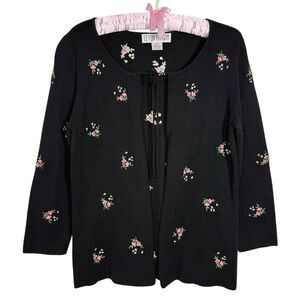Vintage 90's Cardigan M 100% Silk Knit Floral Embroidered Cottagecore Bow‎ Tie
